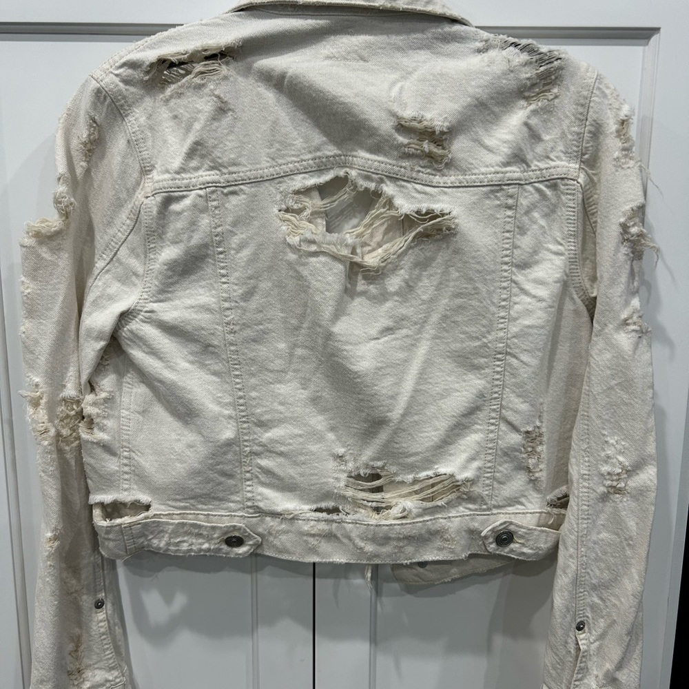 Hudson Garrison Distressed Cropped Denim Jacket Cream Linen Blend White Size xs - Picture 7 of 7